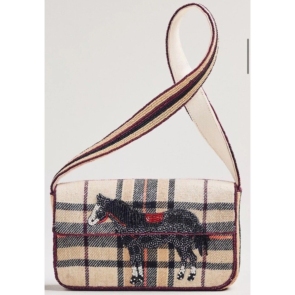 ANTHROPOLOGIE THE FIONA BEADED BAG Plaid Horse Pony Purse Handbag NWT RARE - Picture 2 of 4